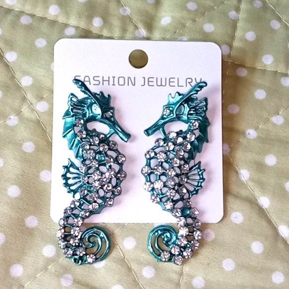 New Blue Rhinestone Seahorse Earrings - Picture 2 of 6